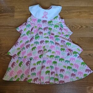 Smockadot Kids Girls Tiered Elephant Dress w/ A monogram Size 4 Pink Green White